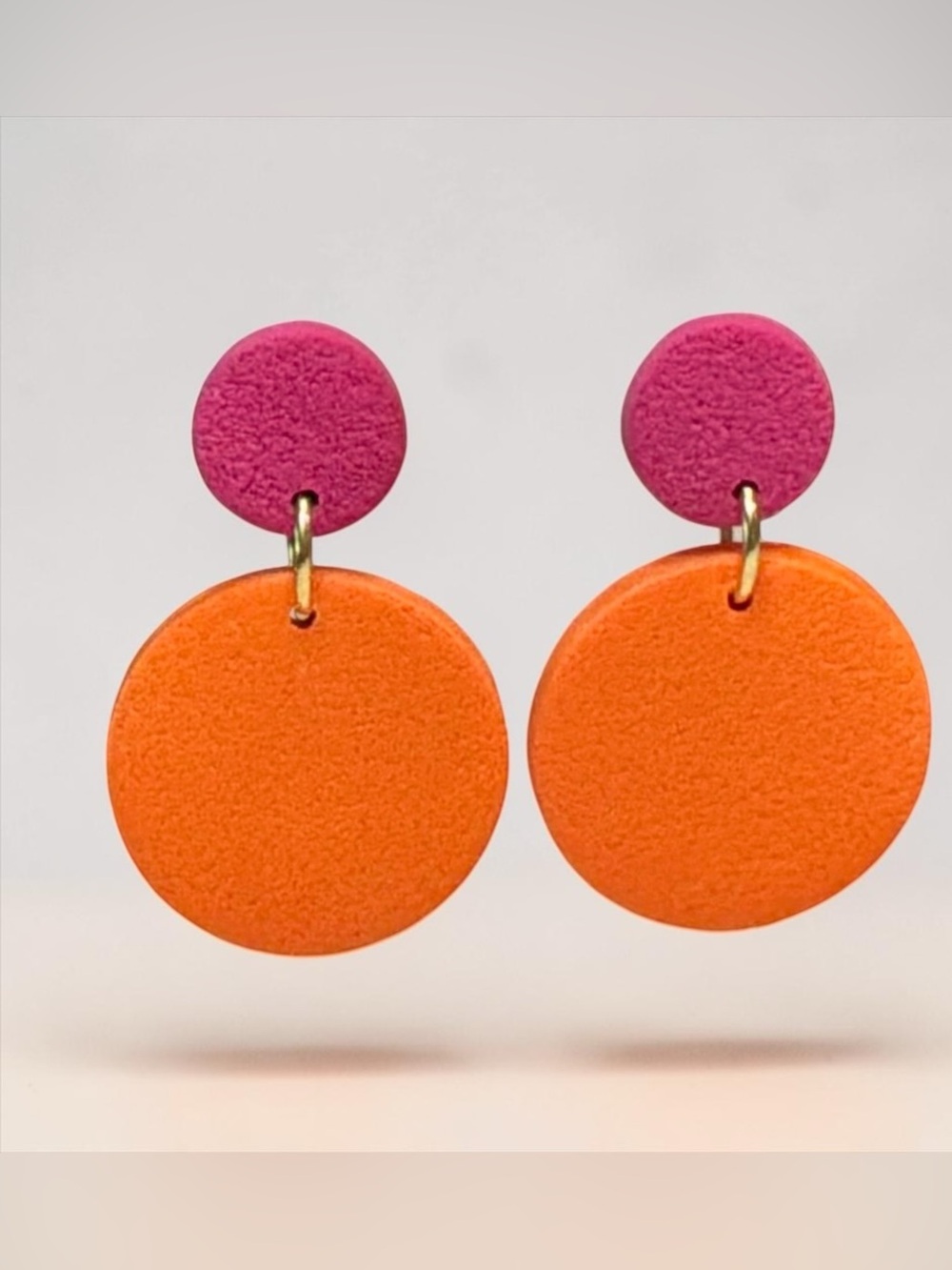 Handmade Orange & Pink 2 pc Round Polymer Clay Dangle Earrings Stainless Steel